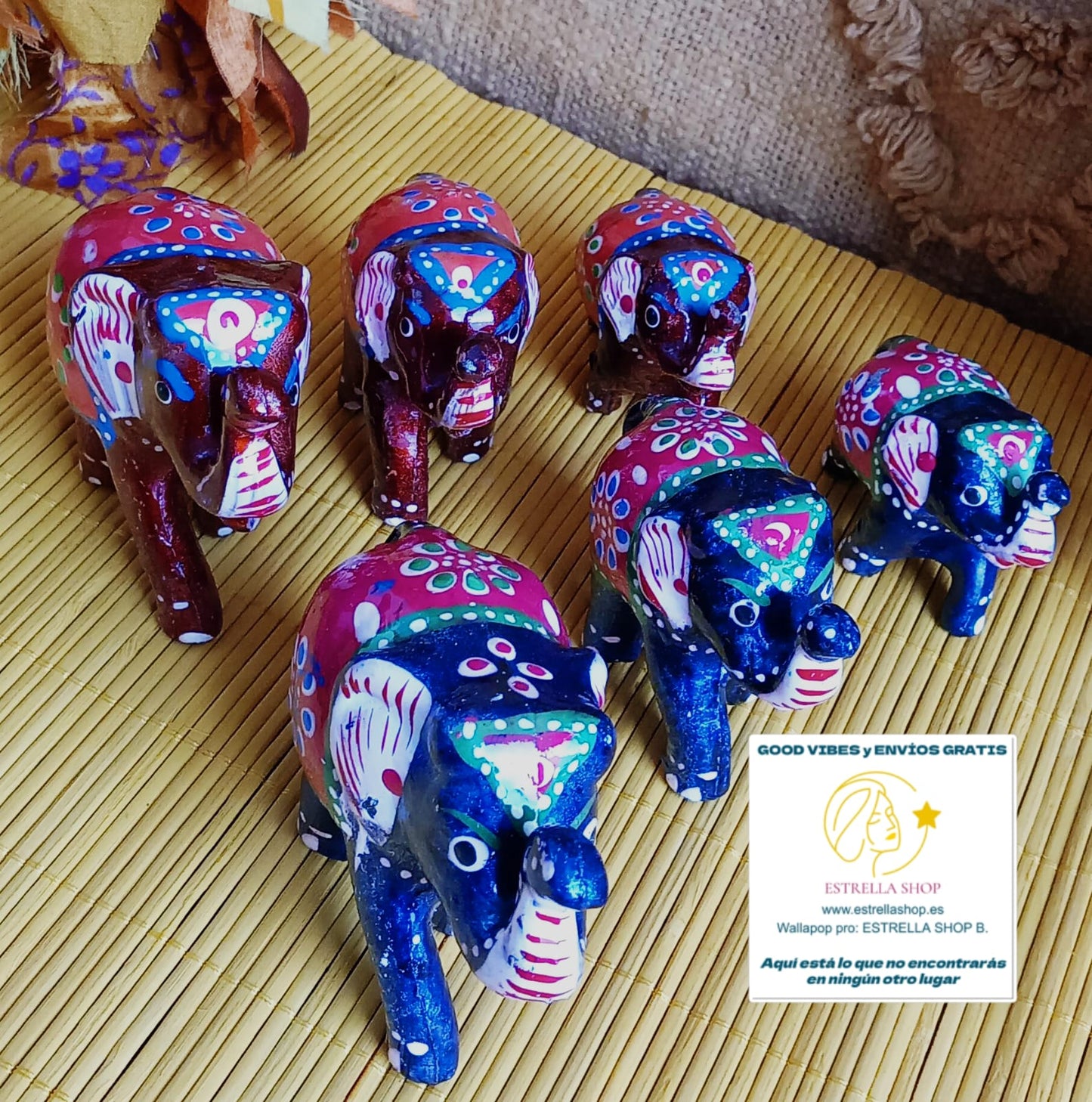 SET 3 ELEFANTES PINTADOS A MANO EN BURDEOS O AZUL.-Un conjunto decorativo que irradia elegancia y simbolismo.ENVÍO GRATIS SIN PEDIDO MÍNIMO.