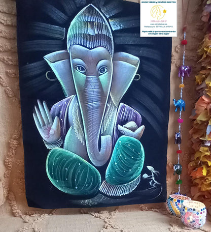 TEXTIL TERCIOPELO GANESHA EN 3 COLORES A ELEGIR PINTADO A MANO EN INDIA UNA OBRA CARGADA DE SIMBOLISMO Y COLOR. ENVÍO GRATIS SIN PEDIDO MÍNIMO.