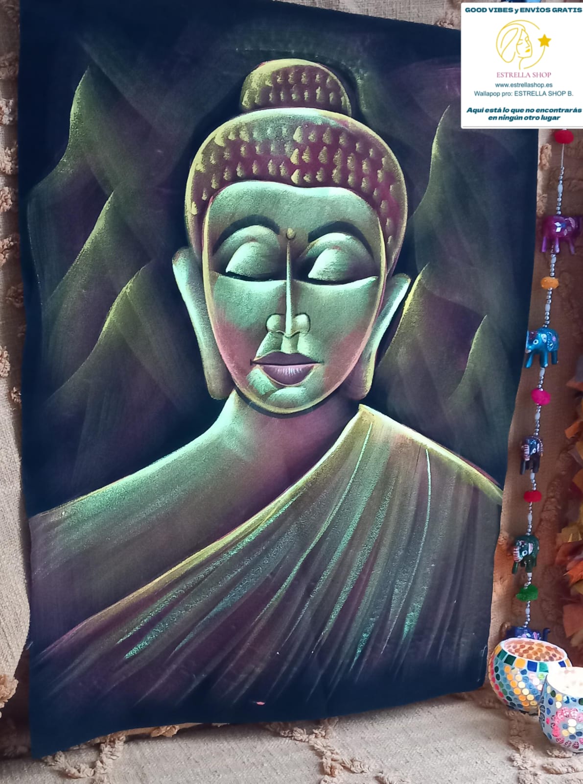 TEXTIL BUDA TERCIOPELO PINTADO A MANO EN INDIA UNA OBRA CARGADA DE SIMBOLISMO Y COLOR. ENVÍO GRATIS SIN PEDIDO MÍNIMO.