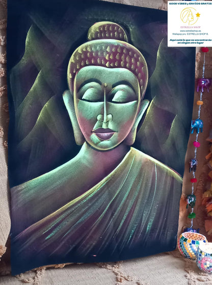 TEXTIL BUDA TERCIOPELO PINTADO A MANO EN INDIA UNA OBRA CARGADA DE SIMBOLISMO Y COLOR. ENVÍO GRATIS SIN PEDIDO MÍNIMO.