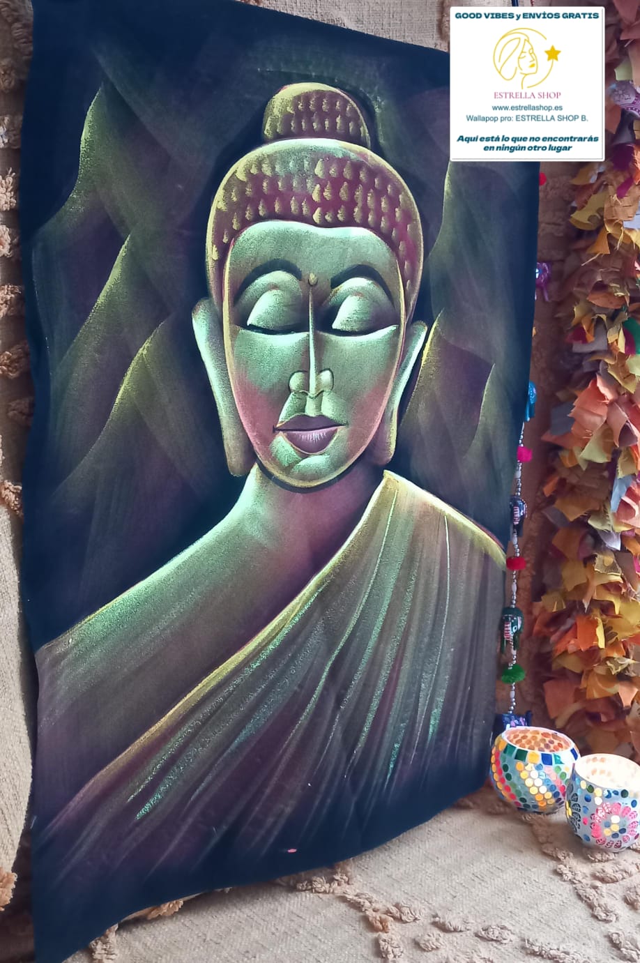 TEXTIL BUDA TERCIOPELO PINTADO A MANO EN INDIA UNA OBRA CARGADA DE SIMBOLISMO Y COLOR. ENVÍO GRATIS SIN PEDIDO MÍNIMO.
