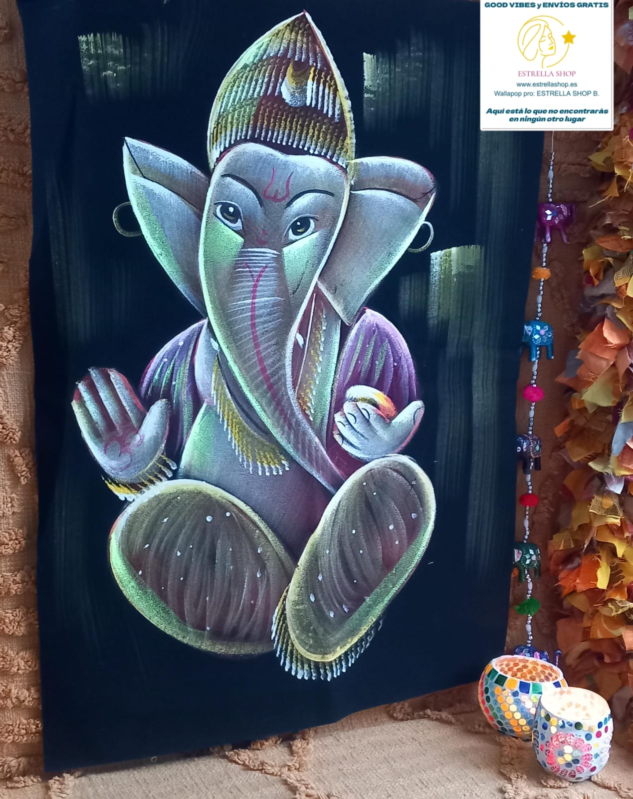 TEXTIL TERCIOPELO GANESHA EN 3 COLORES A ELEGIR PINTADO A MANO EN INDIA UNA OBRA CARGADA DE SIMBOLISMO Y COLOR. ENVÍO GRATIS SIN PEDIDO MÍNIMO.