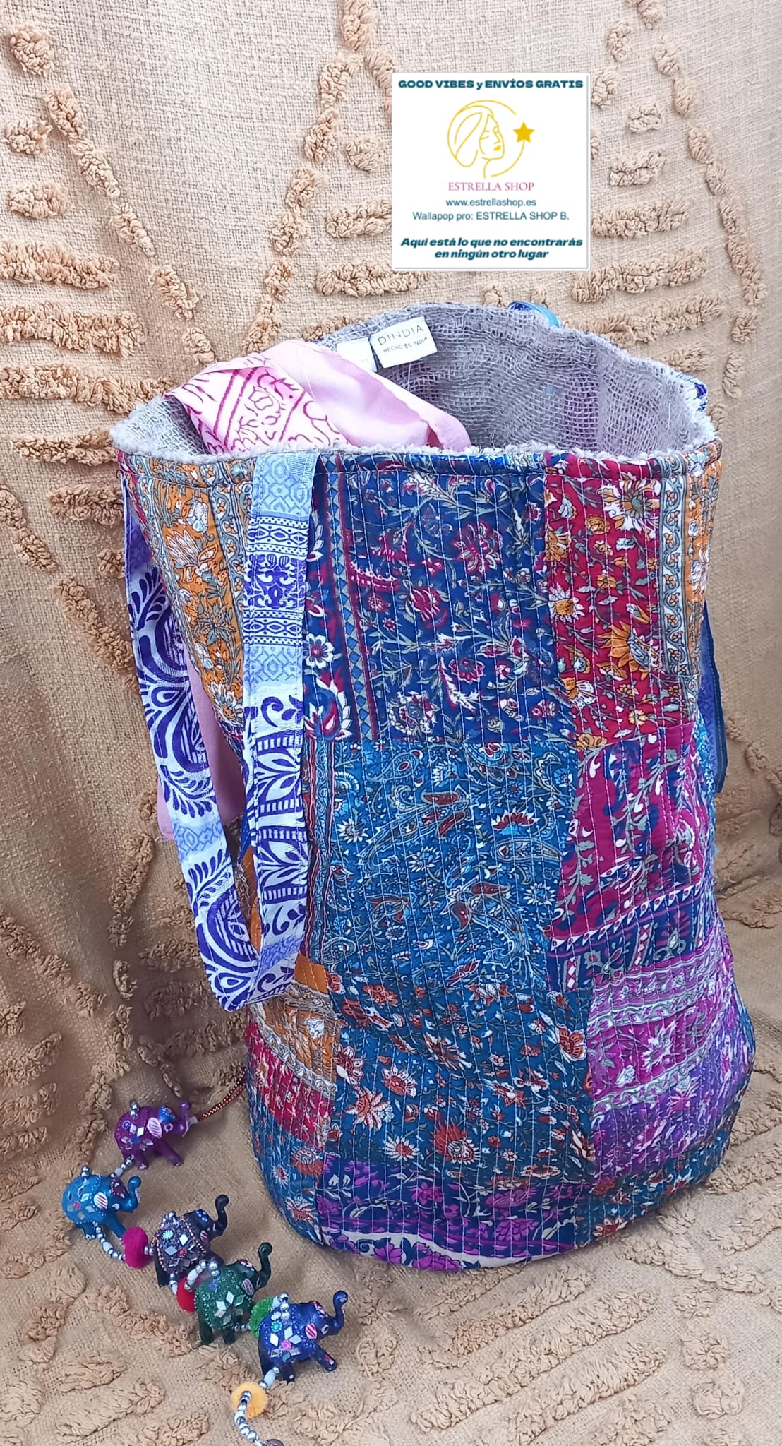 CESTO MULTIUSOS PATCHORK CON YUTE,MULTIFUNCIONAL CON ESTAMPADOS ÚNICOS,ENVÍO GRATIS SIN PEDIDO MÍNIMO.