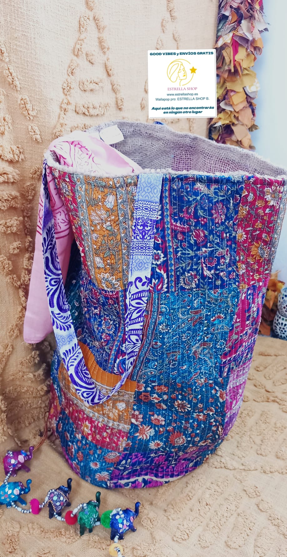 CESTO MULTIUSOS PATCHORK CON YUTE,MULTIFUNCIONAL CON ESTAMPADOS ÚNICOS,ENVÍO GRATIS SIN PEDIDO MÍNIMO.
