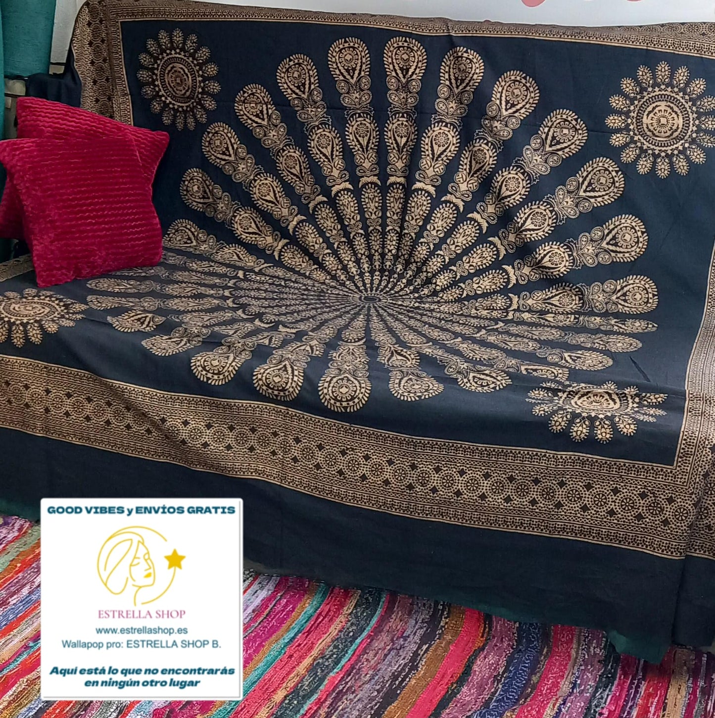 CUBRESOFÁ,JARAPA MULTIFUNCIÓN MANDALA CASHMERE DORADO 210X240.ENVÍO GRATIS SIN PEDIDO MÍNIMO.