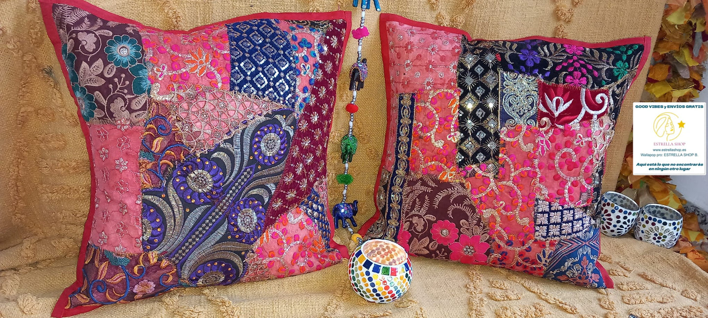 PACK 2 FUNDAS DE COJÍN PATCHWORK MAGIA INDIA AUTÉNTICA ARTESANÍA TEXTIL VIBRANTE Y COLORIDA.ENVÍO GRATIS SIN PEDIDO MÍNIMO.
