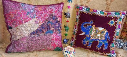 PACK 2 FUNDAS DE COJÍN ELEFANTE Y PROSPERIDAD PATCHWORK,JOYA TEXTIL ARTESANAL INDIA.ENVÍO GRATIS SIN PEDIDO MINIMO.