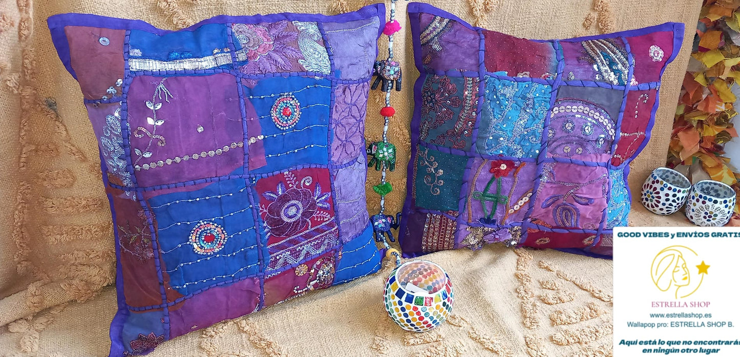PACK 2 FUNDAS DE COJÍN PATCHWORK UNIVERSO PÚRPURE ARTESANALES Y CON ENVÍO GRATIS SIN PEDIDO MÍNIMO.