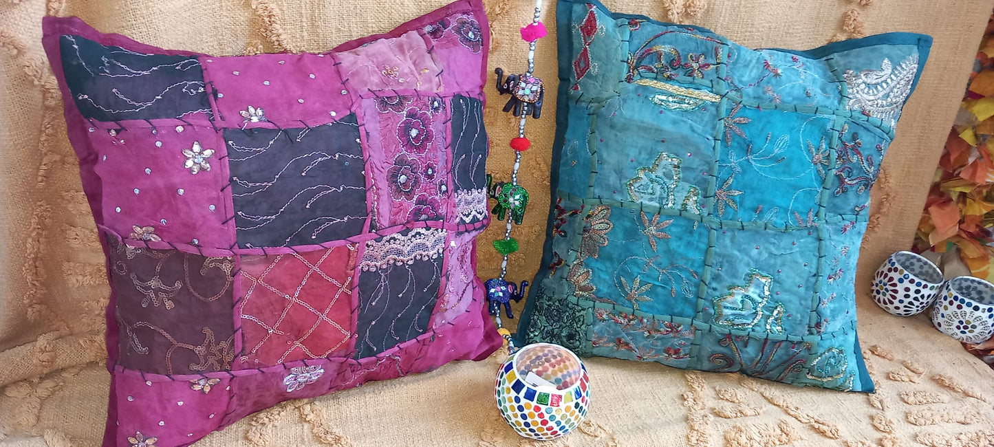 PACK 2 FUNDAS DE COJÍN MIX INDIA PATCHWORK.DECORACIÓN BOHEMIA Y ARTESANAL CON ENVÍO GRATIS SIN PEDIDO MÍNIMO.