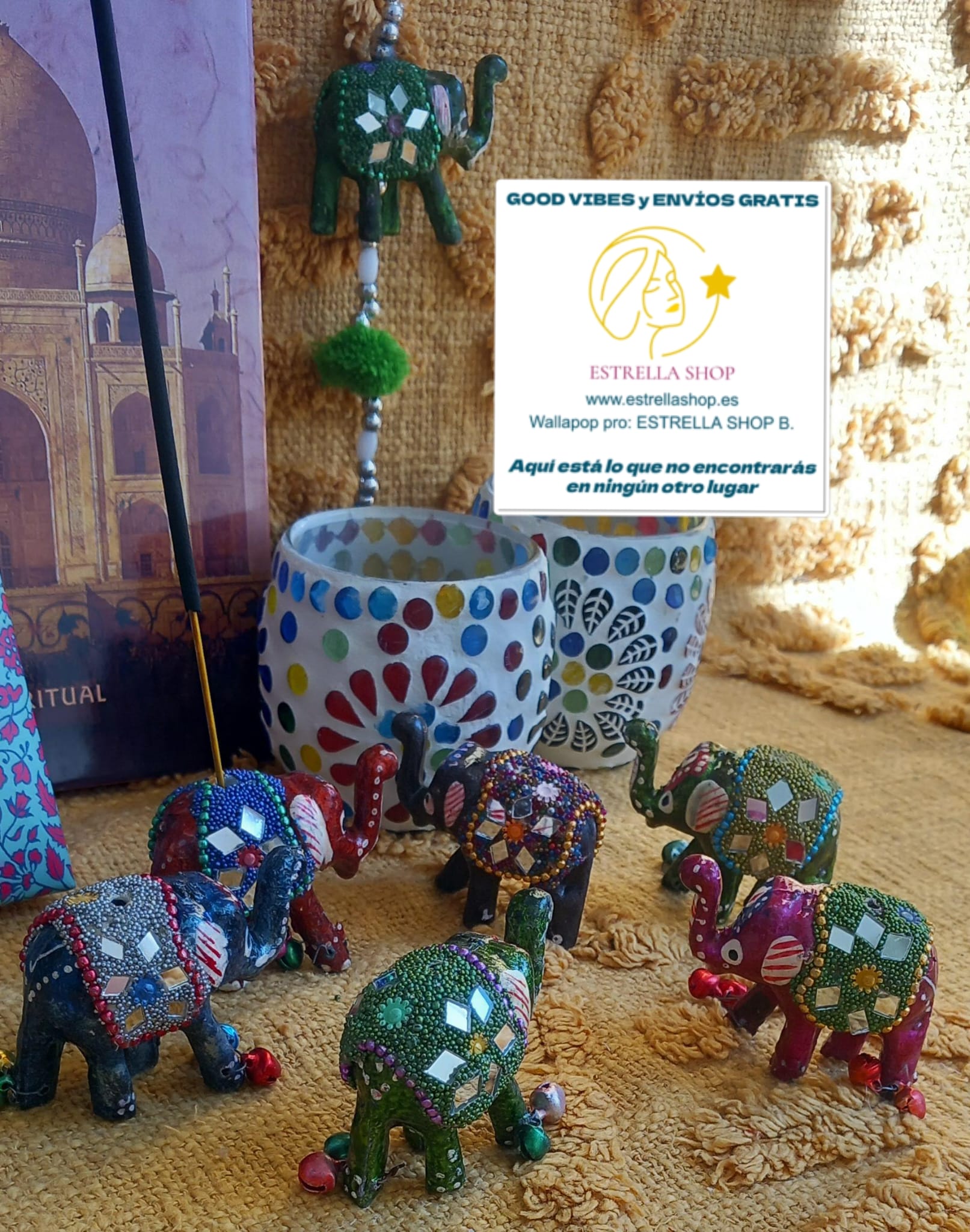 Pack de 6 incensarios de elefantes. Figuras de pequeño tamaño que combinan simbolismo y encanto. Cada elefantito está realizado en metal y decorado con diminutos espejos, creando reflejos que aportan brillo y un toque exótico a cualquier espacio. Además de ser una pieza decorativa, representa la buena fortuna, la protección y la sabiduría. Una opción ideal siempre, como detalle especial que atraerá tanto por su significado como por su estética.