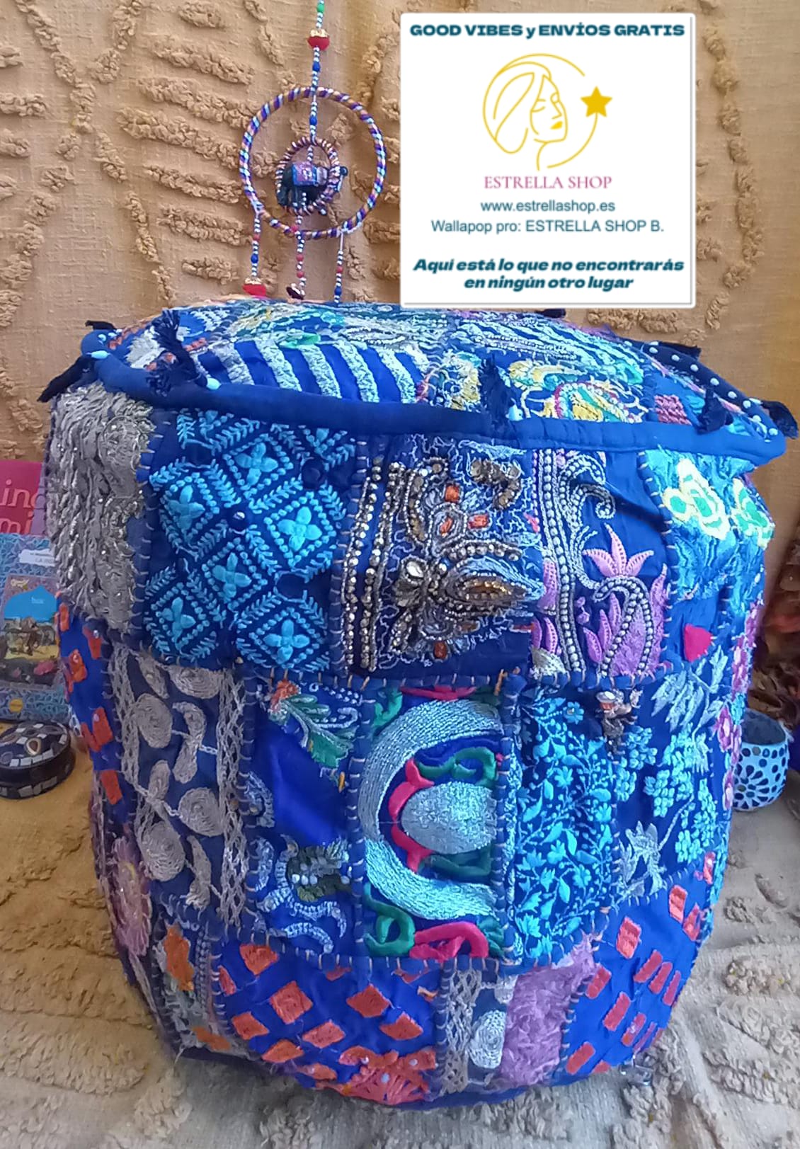 PUFF PATCHWORK HECHO A MANO EN INDIA REDONDO Y EXCLUSIVO.ENVÍO GRATIS SIN PEDIDO MÍNIMO.