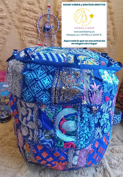 PUFF PATCHWORK HECHO A MANO EN INDIA REDONDO Y EXCLUSIVO.ENVÍO GRATIS SIN PEDIDO MÍNIMO.