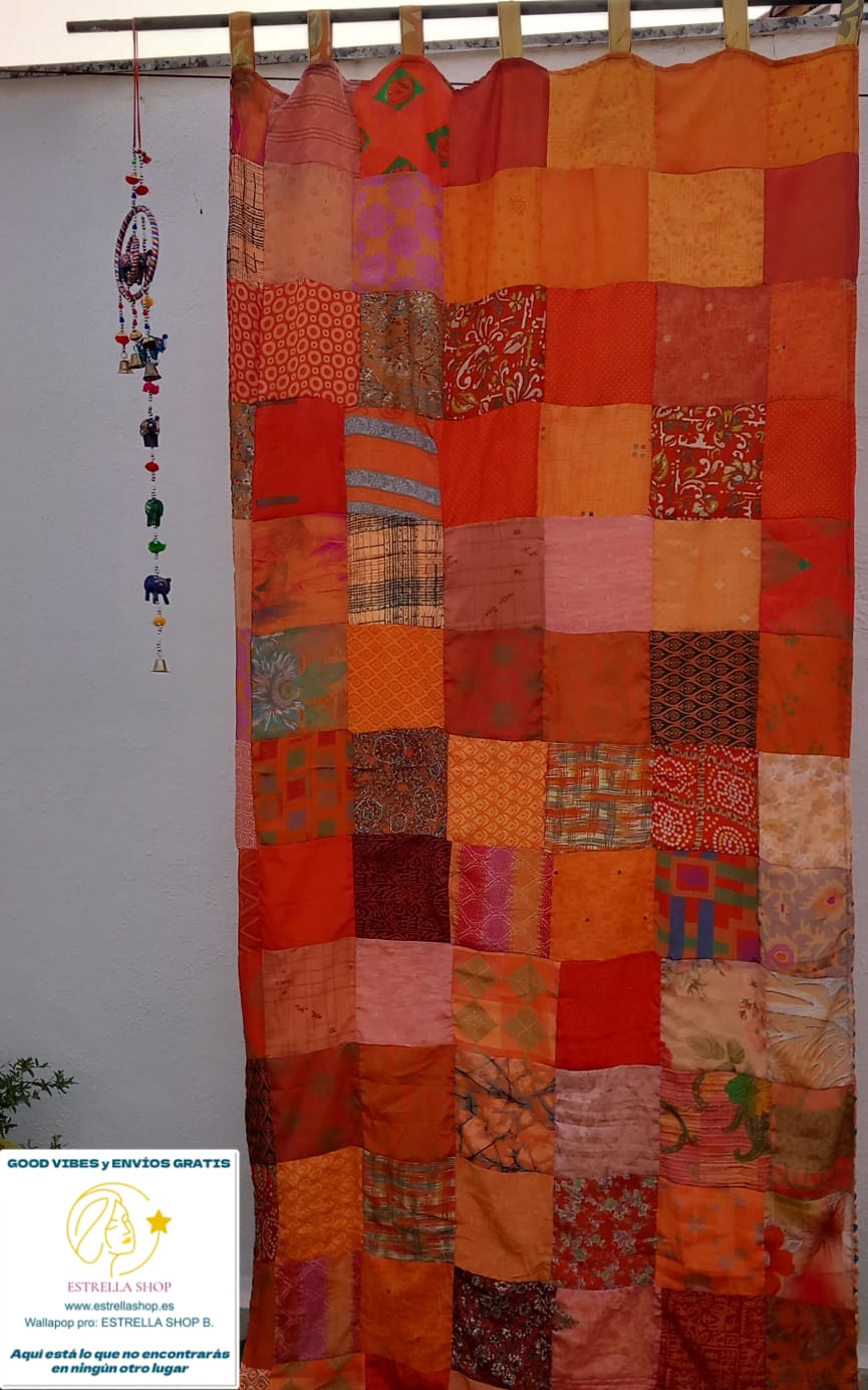 Cortina reversible confeccionada individual de tela sedosa primera calidad de saree con trabillas.Envío Gratis sin pedido mínimo.