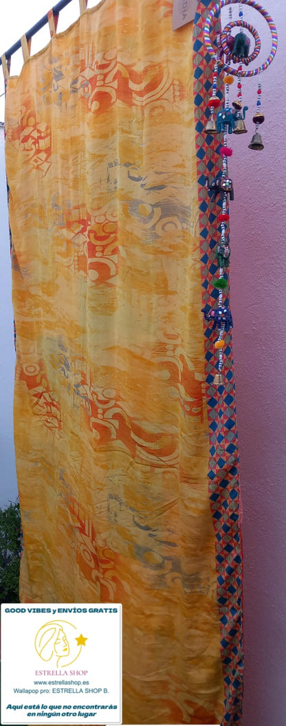 Cortina reversible confeccionada individual de tela sedosa primera calidad de saree con trabillas.Envío Gratis sin pedido mínimo.