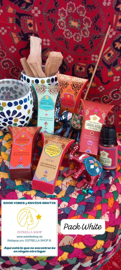 Pack lote de 5 aceites aromáticos Indian Heritage set exclusivo white perfecto para crear y difundir de manera agradable la calma en la vida cotidiana.Envío gratis sin pedido mínimo.