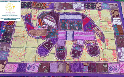 TAPIZ JOYA TEXTIL PATCHWORK Y BORDADO A MANO 150X100CM ELEFANTE EXCLUSIVO Y ÚNICO.ENVÍO GRATIS SIN PEDIDO MINIMO