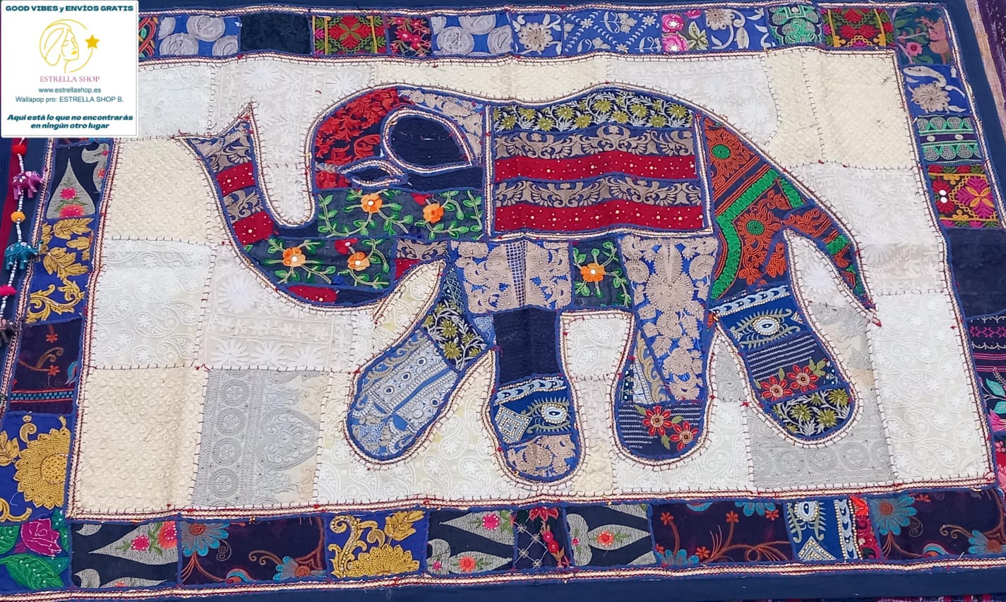 Tapiz bordado a mano y patchwork elefante 150x100cm,textiles que hablan por sí mimos.ENVÍO GRATIS SIN PEDIDO MÍNIMO.