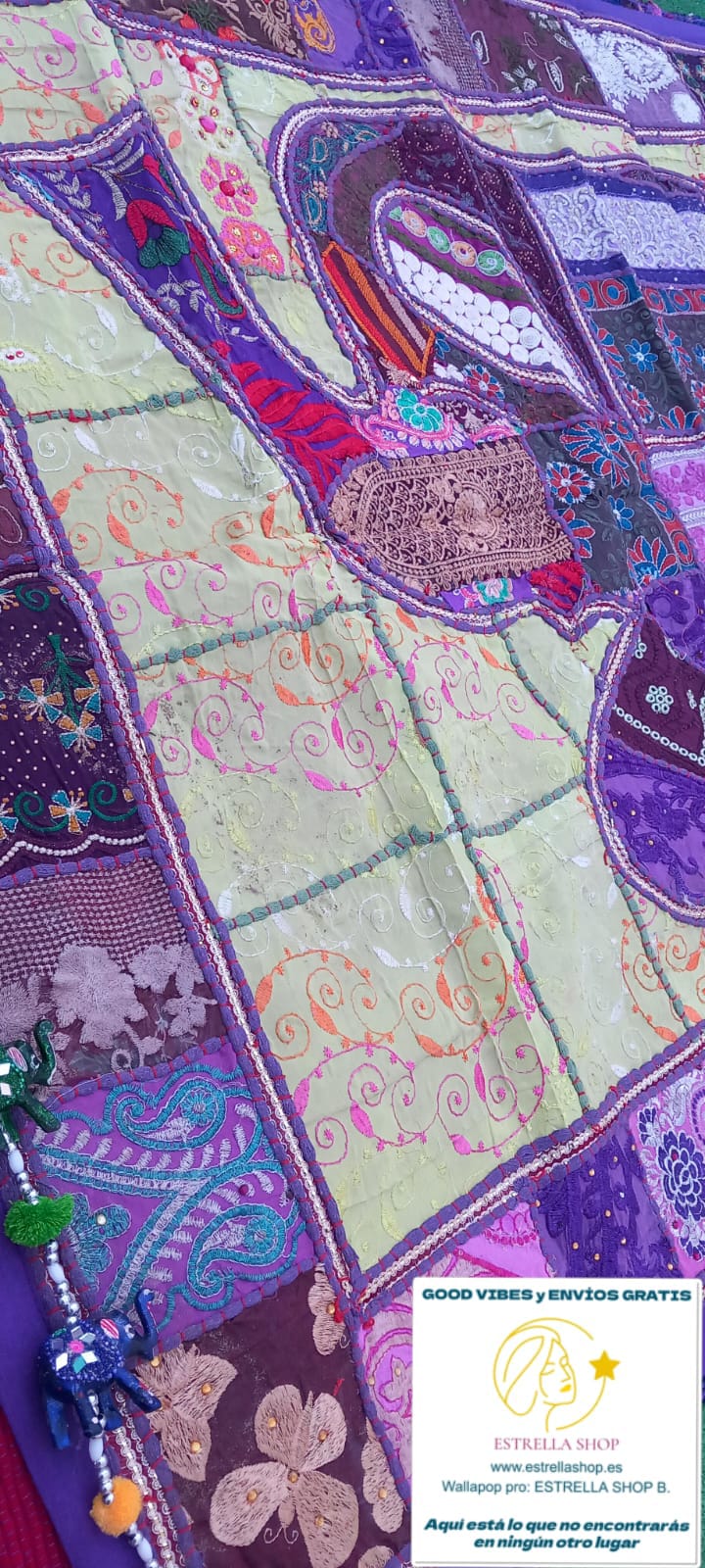 TAPIZ JOYA TEXTIL PATCHWORK Y BORDADO A MANO 150X100CM ELEFANTE EXCLUSIVO Y ÚNICO.ENVÍO GRATIS SIN PEDIDO MINIMO