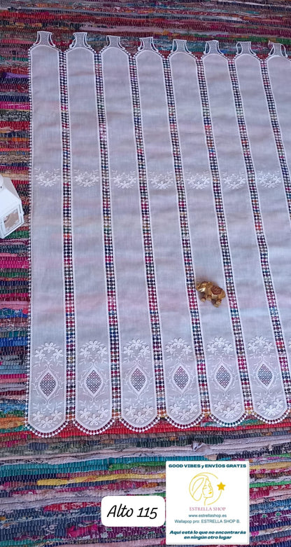 CORTINAS TENDINAS DE TELA Y MACRAMÉ PASABARRAS. ALTO 115CMX100CM ANCHO.ENVÍO GRATIS SIN PEDIDO MÍNIMO.