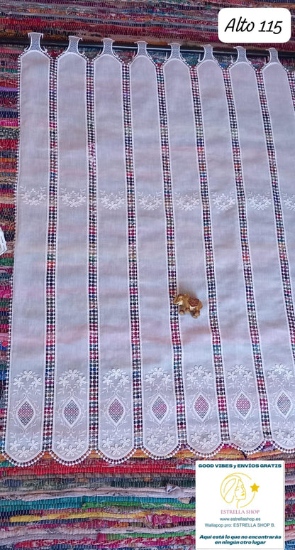 CORTINAS TENDINAS DE TELA Y MACRAMÉ PASABARRAS. ALTO 115CMX100CM ANCHO.ENVÍO GRATIS SIN PEDIDO MÍNIMO.
