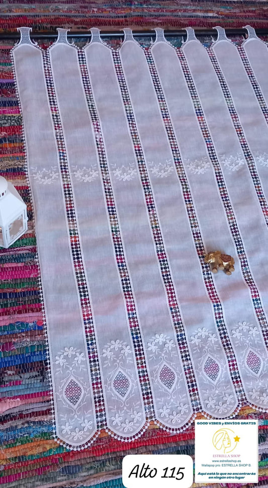 CORTINAS TENDINAS DE TELA Y MACRAMÉ PASABARRAS. ALTO 115CMX100CM ANCHO.ENVÍO GRATIS SIN PEDIDO MÍNIMO.