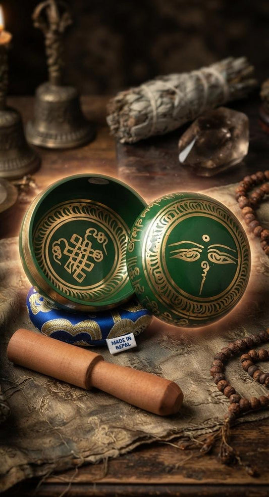 CUENCO LATÓN MANTRA VERDE SAGRADO INCLUYE ZAFU YY STICK DE MADERA.-Un instrumento ancestral con un sonido único y envolvente. El Cuenco de Latón mantra es una pieza artesanal elaborada en Nepal, donde cada detalle ha sido cuidadosamente trabajado para ofrecer una vibración profunda y armonizadora. Desde tiempos remotos, estos cuencos han sido utilizados por lamas y sanadores tibetanos para inducir estados de meditación, relajación y bienestar. Su acabado en y sus mantras tradicionales lo convierten en una a