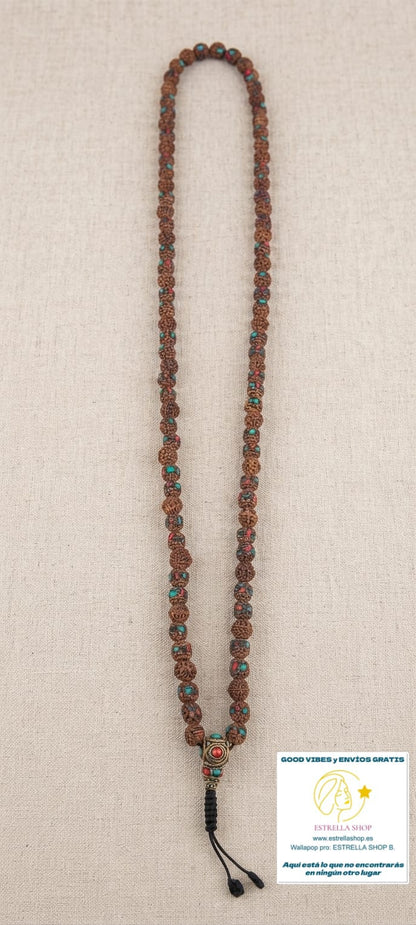 JAPAMALA de Rudraksha, la semilla sagrada hindú, con incrustaciones de piedras y metal.Este collar es una pieza espiritual con fuerza, equilibrio y tradición.ENVÍO GRATIS SIN PEDIDO MÍNIMO.