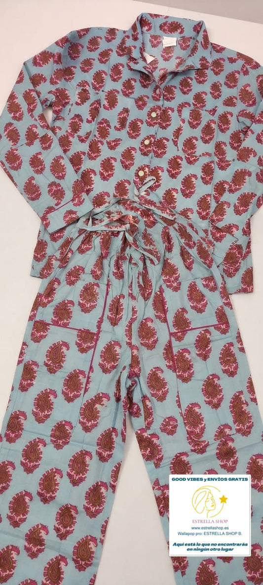 SET PIJAMA INDIA CACHEMIRA XXL DE ALGODÓN CONJUNTO ARTESANAL CON SU BOLSITA A JUEGO. ENVÍO GRATIS SIN PEDIDO MÍNIMO.