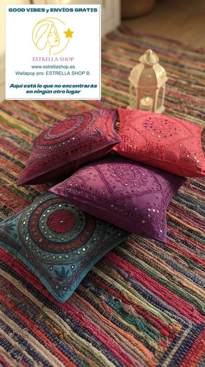 PACK 2 FUNDAS DE COJÍN CRISTALITOS BORDADO MAGIA INDIA AUTÉNTICA ARTESANÍA TEXTIL VIBRANTE Y COLORIDA.ENVÍO GRATIS SIN PEDIDO MÍNIMO.