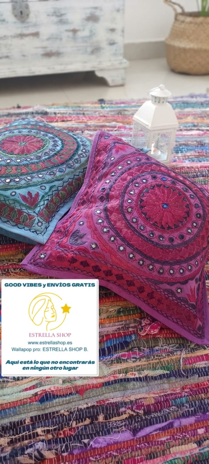 PACK 2 FUNDAS DE COJÍN ESPEJITOS MANDALA COLORES MAGIA INDIA AUTÉNTICA ARTESANÍA TEXTIL VIBRANTE Y COLORIDA.ENVÍO GRATIS SIN PEDIDO MÍNIMO.
