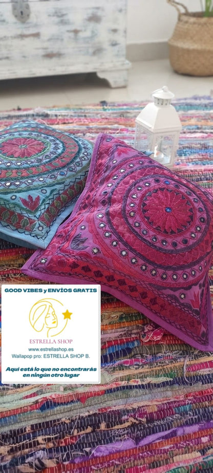 PACK 2 FUNDAS DE COJÍN ESPEJITOS MANDALA COLORES MAGIA INDIA AUTÉNTICA ARTESANÍA TEXTIL VIBRANTE Y COLORIDA.ENVÍO GRATIS SIN PEDIDO MÍNIMO.