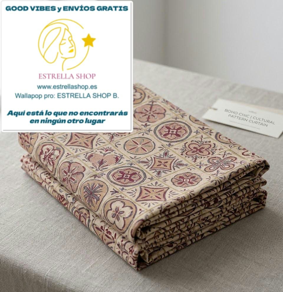 LOTE DE 2 CORTINAS CONFECCIONADAS ÉTNICAS CON TRABILLAS.ENVÍO GRATIS SIN PEDIDO MÍNIMO.