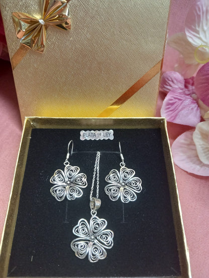 Floral Mandala set Silver earrings + silver chain + matching pendant.