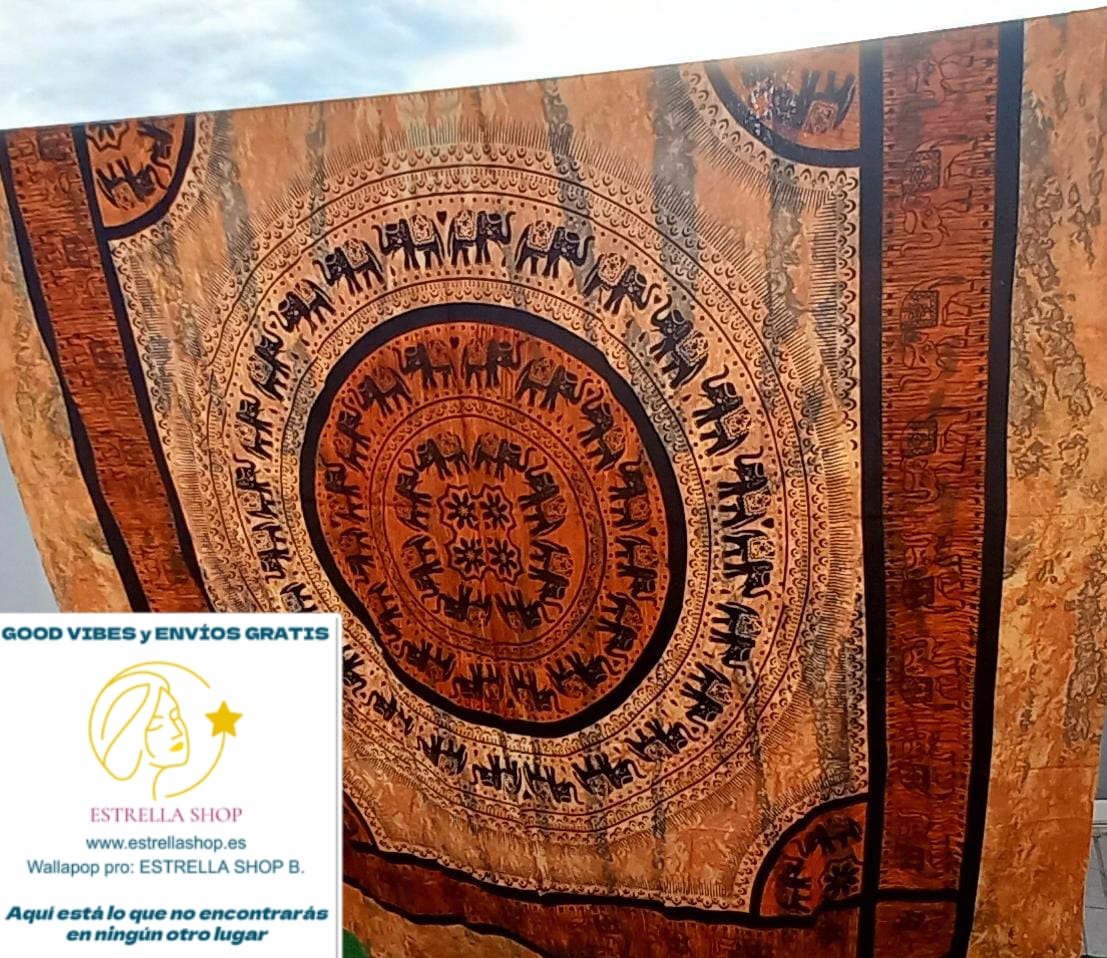 COLCHA Y/O CUBRE MULTIFUNCIÓN MANDALA ELEFANTES TIERRA  210X240.ENVÍO GRATIS SIN PEDIDO MÍNIMO.