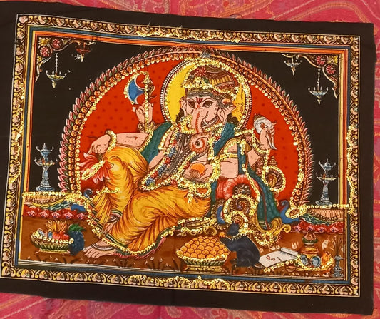 TEXTIL TAPIZ TELA GANESHA HORIZONTAL,SIMBOLIZANDO APERTURA DE CAMINO,PINTADO Y CONFECCIONADO A MANO EN INDIA.ENVÍO GRATIS SI PEDIDO MÍNIMO.
